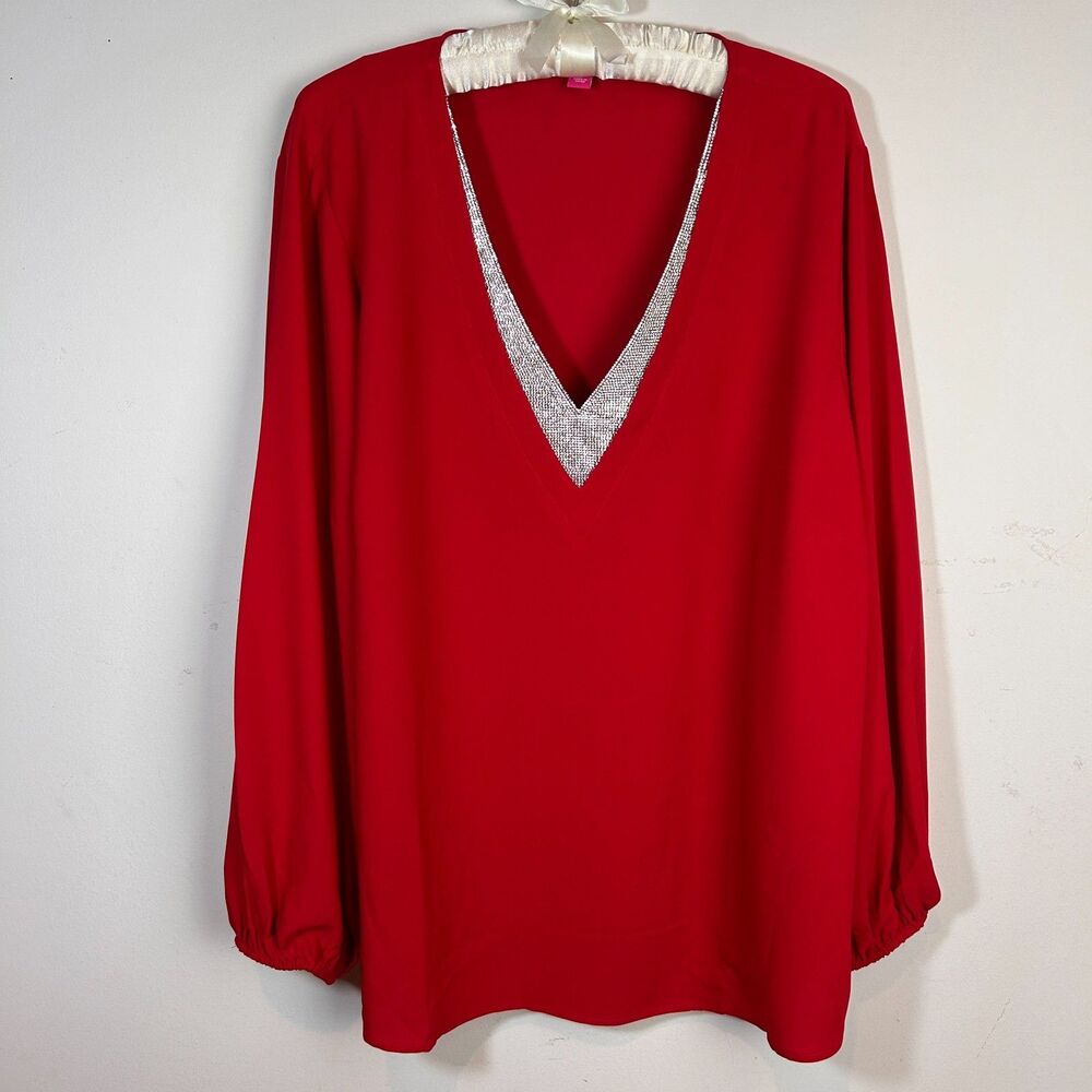 Vince Camuto Red with Silver Sparkle Holiday Party Top Shirt Blouse Size 3X NWT
